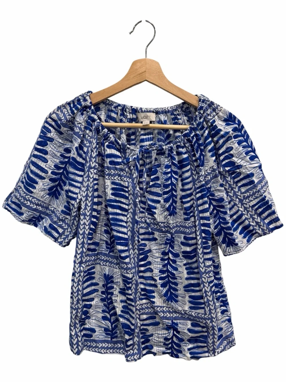 LOFT Blue White Leaf Block Print Peasant Blouse Split Neck Tie XS 100% Cotton
